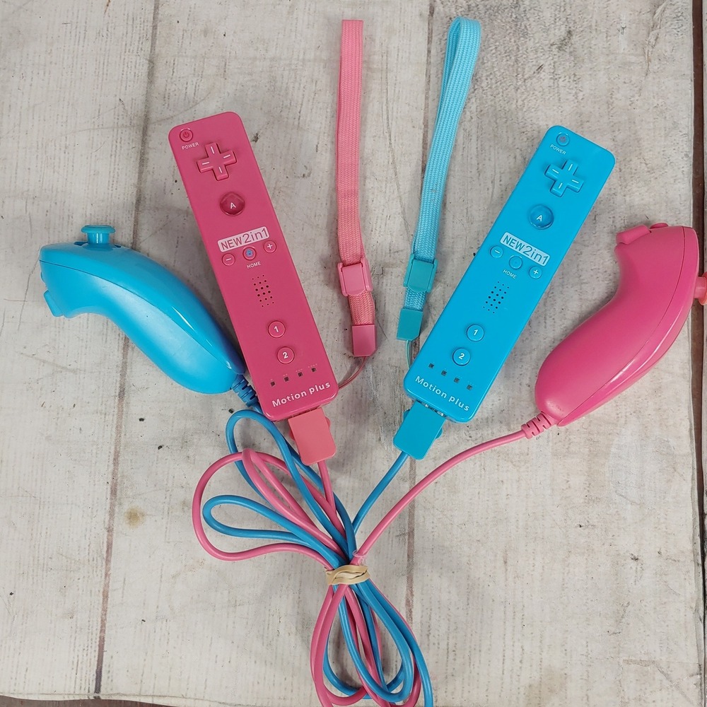 TESTED - Unbranded New2in1 Motion Plus Wii Remote and Nunchuck Set - Pink Blue